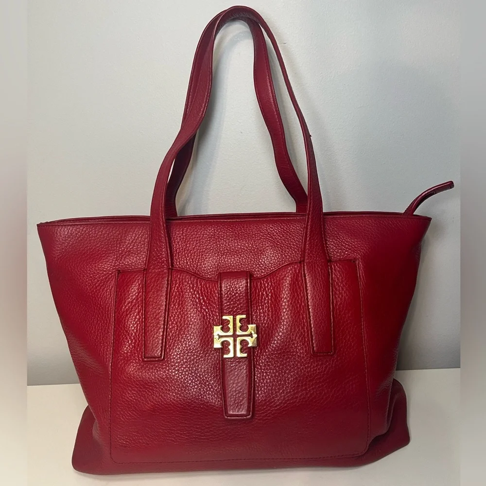 Tory Burch “Meyer Plaque” red pebbled leather tote large shoulder bag purse